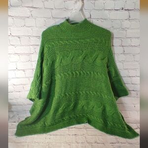Anthropologie Cable Knit Pea Green Mock Neck Poncho Holiday Pullover XS/S